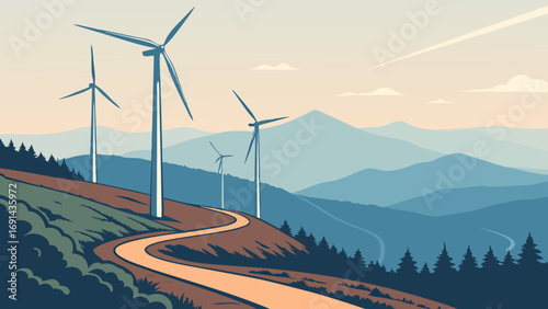 Wind Turbines on Mountain Road Clean Energy Landscape Illustration.