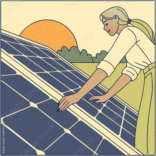 Woman inspecting solar panel at sunset renewable energy sustainable technology illustration.