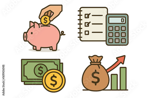 Financial concepts icon set. Savings, budgeting, investment strategy. Piggy bank, calculator, money growth chart. Finance management vector cartoon illustration for business.