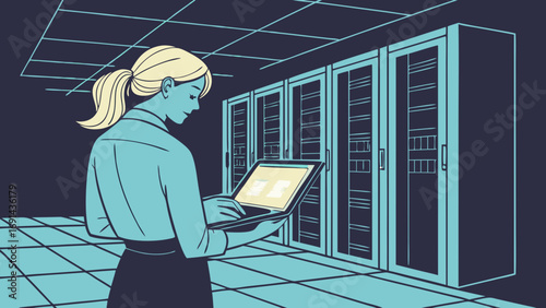 Woman using laptop in a server room data center illustration technology concept.
