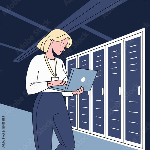 Woman using laptop in server room data center technology IT computer network digital internet online business worker employee professional female modern illustration graphic desi.