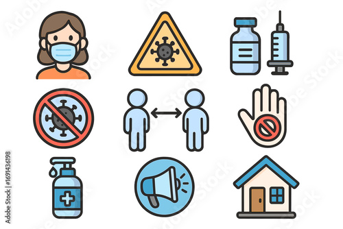 Pandemic prevention icon set. Coronavirus safety measures. Covid-19 public health awareness symbols. Social distancing, face mask, vaccination, stay home icons. Vector.