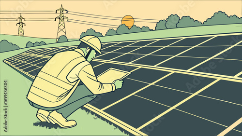 Worker Inspecting Solar Panels at a Renewable Energy Facility.