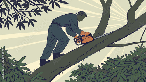 Worker cutting a tree branch with a chainsaw.