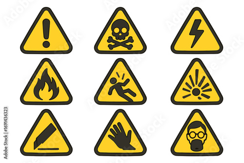 Warning signs icon set. Hazard symbols collection. Safety alert signs for various hazardous situations. Danger, poison, high voltage, fire, slippery floor, laser vector.