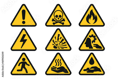 Warning signs vector set. Triangle hazard symbols collection. Danger alert icons for flammable, toxic, high voltage, explosion, corrosive, hot surface, and caution. Safety.
