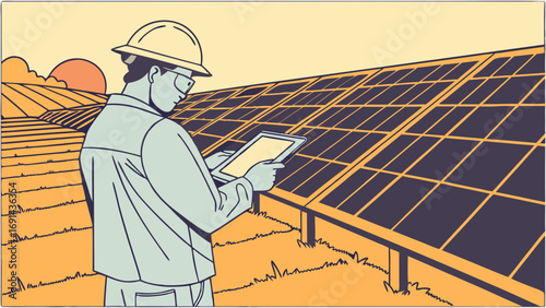 Worker inspecting solar panels on a farm using a tablet.