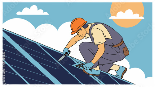 Worker installing solar panels on a roof under a sunny sky.