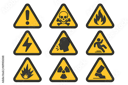 Warning signs set. Hazard symbols collection. Danger alert icons. Caution risk triangle signs for toxic, high voltage, flammable, slippery floor, radioactive, explosive hazard.