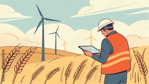 Worker using tablet in a renewable energy field with wind turbines and wheat.