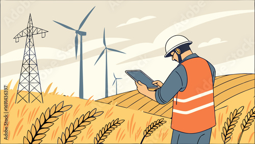 Worker using tablet in renewable energy field.
