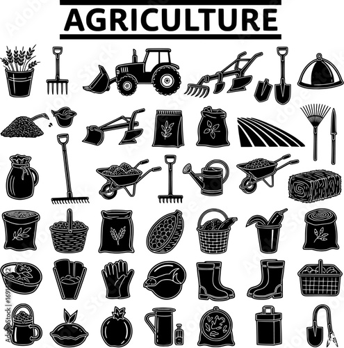 Agriculture Farming Icons Collection: Tractor, Plow, Shovel, Rake, Seeds, Wheat, Corn, Fruits, Vegetables, and Gardening Tools for Cultivation and Harvest