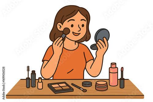 Woman applying makeup, daily beauty routine. Cartoon character girl at table with mirror, brush, face powder, blush, eyeshadow, lipstick. Cosmetics and self-care concept vector.