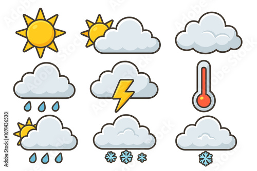 Weather forecast icon set. Sun, cloud, rain, snow, storm, and temperature symbols. Vector cartoon illustration for meteorology and climate concepts. Cute graphic design elements.