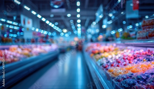 Blurred supermarket aisle with produce displays