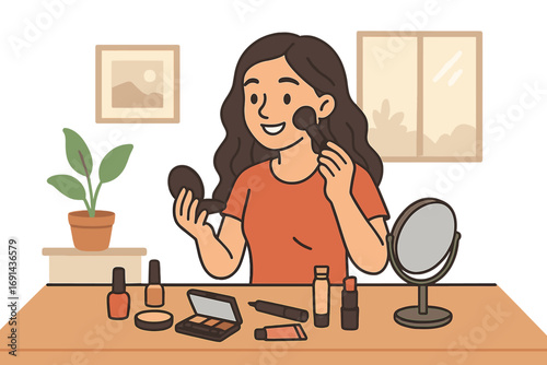 Woman applying makeup. Daily beauty routine concept. Girl with cosmetic products, mirror, brush, lipstick at home. Morning self-care vector cartoon flat illustration.