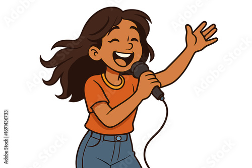 Young woman singing joyfully into microphone. Vector cartoon illustration of a singer at a concert or karaoke. Performer expressing talent, enthusiasm, and happiness.