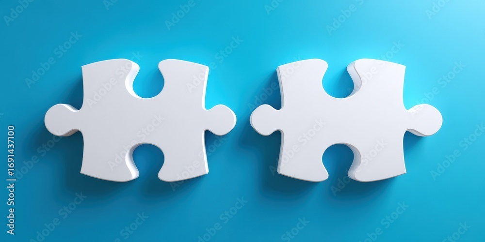 Fototapeta premium Two white puzzle pieces on a bright blue background