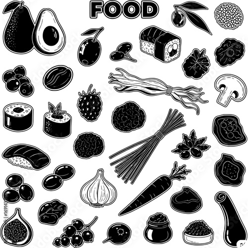 Black and white vector illustration of diverse food items, including fruits, vegetables, sushi, herbs, and gourmet ingredients