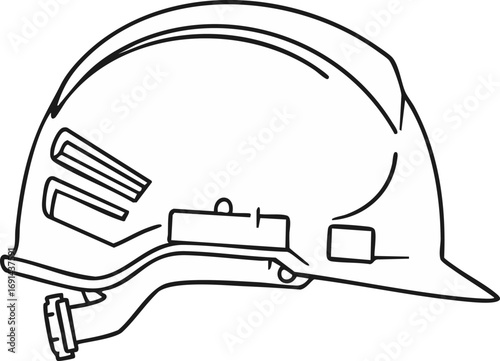 A clean, black and white line art illustration of a sturdy safety hard hat, an indispensable piece of personal protective equipment for hazardous work.