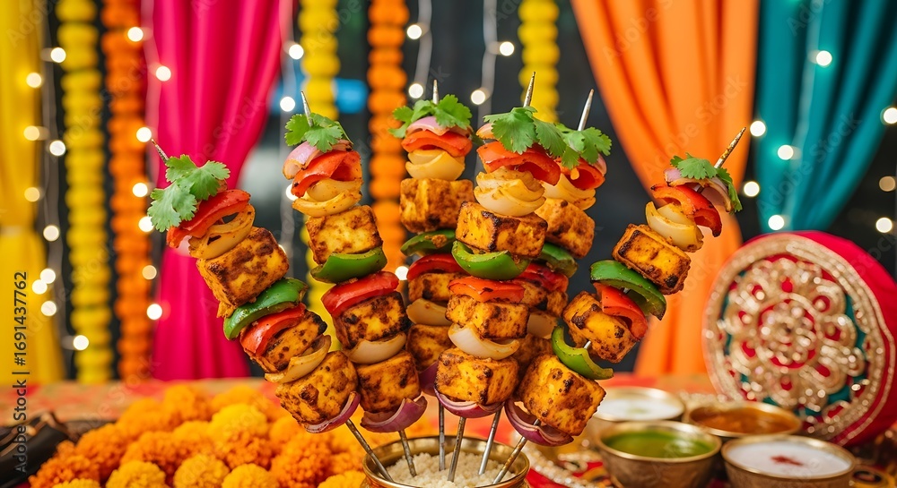 Fototapeta premium Colorful Skewers with Grilled Vegetables and Tofu at Festive Celebration