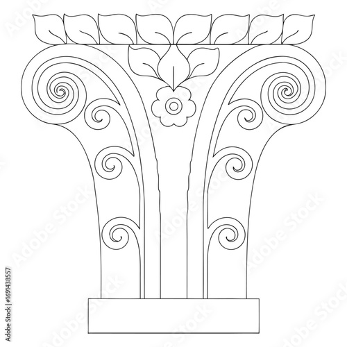 Elegant line art of an ornate classical column capital with floral and scroll details.