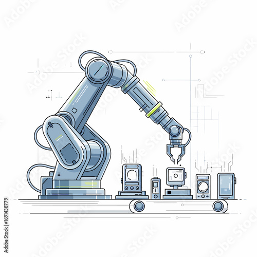 Robotic arm assembling electronic components on a conveyor belt in a futuristic factory setting.
