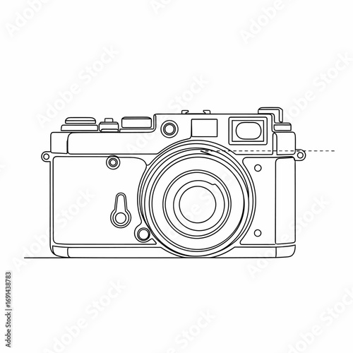 Line drawing illustration of a classic 35mm film camera.