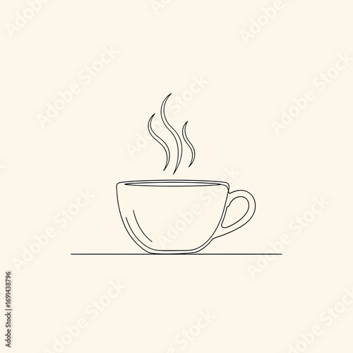 A minimalist line art illustration of a steaming hot cup of coffee or tea on a plain, light-colored background.