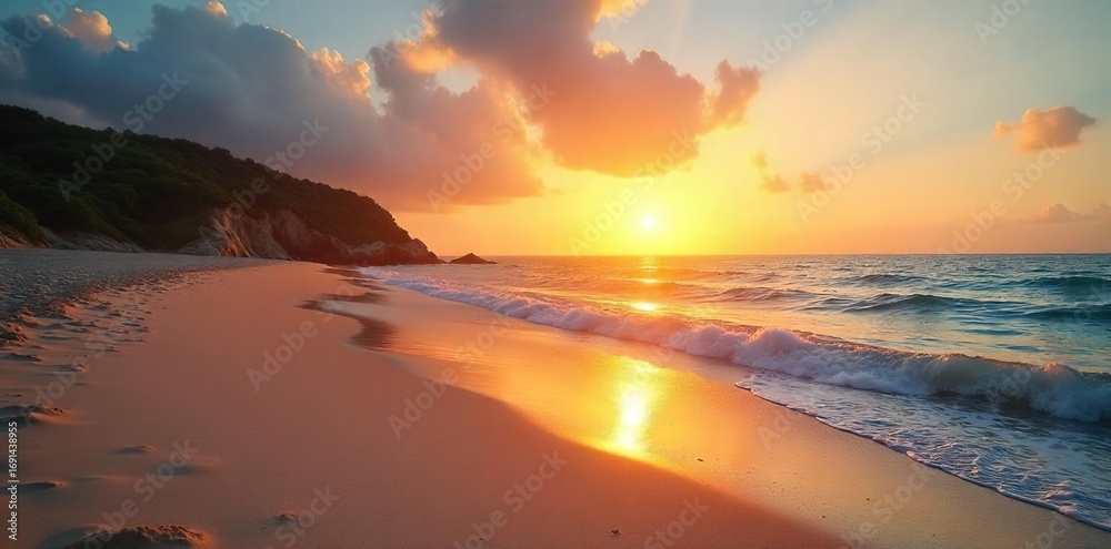 Naklejka premium Golden hour sunlight bathes a tranquil beach at sunrise, soft waves lapping the shore Peaceful, serene coastal scene perfect for relaxation and travel themes , sunrise beach, calm, ocean