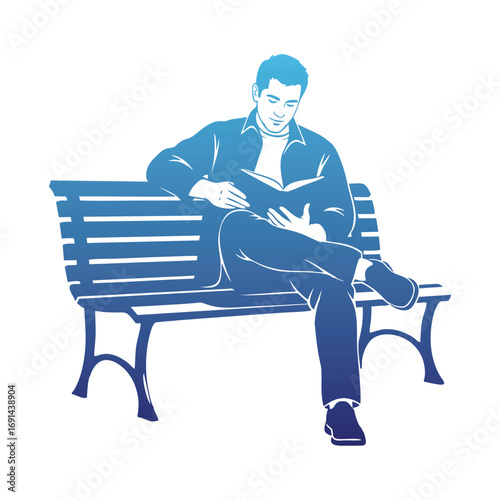 Man engrossed in reading a book while relaxing on a park bench.