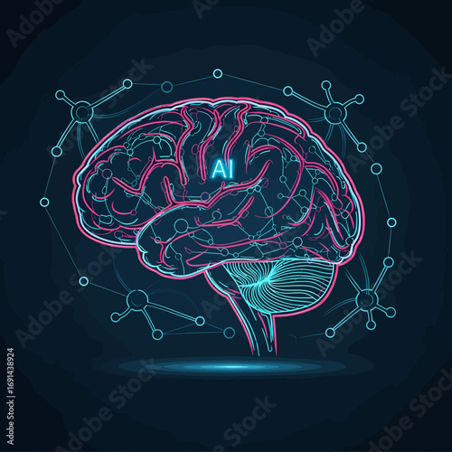 A glowing, stylized brain with the letters AI inside, surrounded by a futuristic digital neural network.