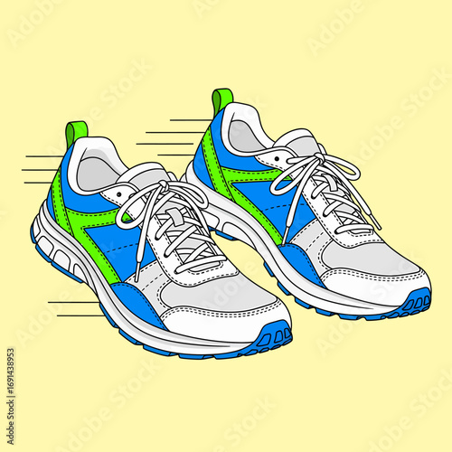 A dynamic illustration of a pair of blue, green, and white athletic sneakers with speed lines indicating fast movement.