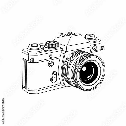 Outlined illustration of a vintage 35mm film camera.