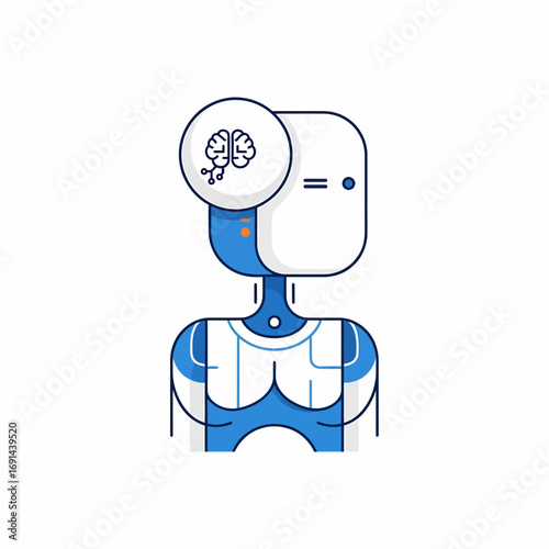 Stylized illustration of a futuristic robot with a glowing brain icon symbolizing artificial intelligence and advanced technology.