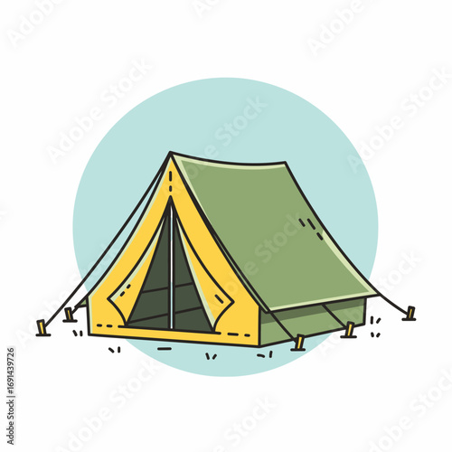 A simple cartoon illustration of a green and yellow A-frame camping tent pitched on the ground with a light blue circular background.