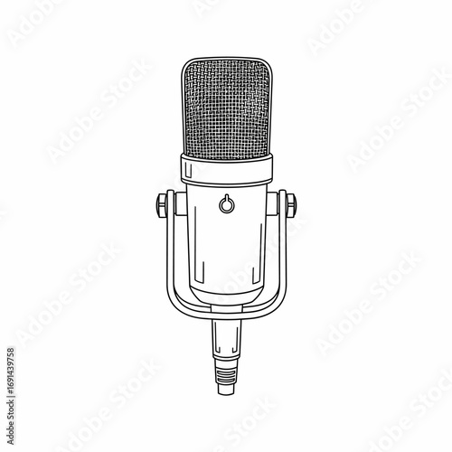 A classic condenser microphone, depicted in a clean line art style, ready for recording audio.