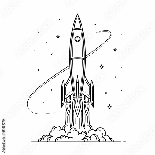 A stylized black and white illustration depicts a retro-futuristic rocket launching into space, leaving a trail of smoke and surrounded by stars and a celestial orbit.