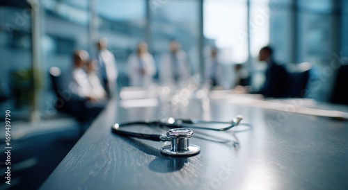 Medical meeting in progress. A stethoscope rests on a table