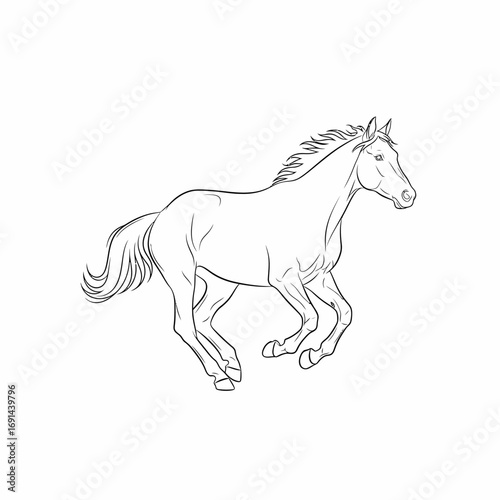 A line drawing of a horse in full gallop, showcasing its graceful form and movement against a white background.