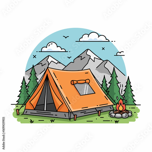 Illustration of an orange tent pitched in a scenic mountain landscape with trees, clouds, and a campfire burning nearby.