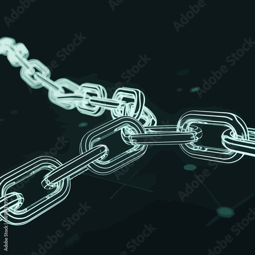 A luminous digital chain symbolizing blockchain technology, security, and interconnected data on a dark background.