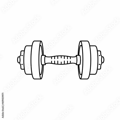 A minimalist black line art illustration of a dumbbell with a textured grip, isolated on a white background.