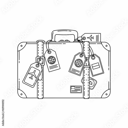 An outline illustration of a vintage travel suitcase covered in luggage tags for a journey.