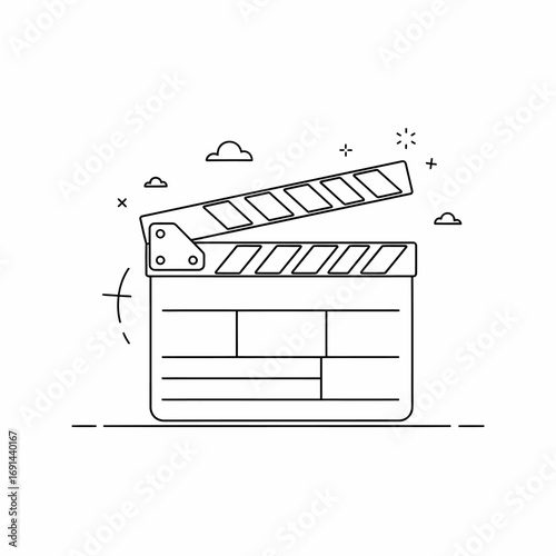 Minimalist line art illustration of an open film clapperboard against a white background with simple cloud and star accents.