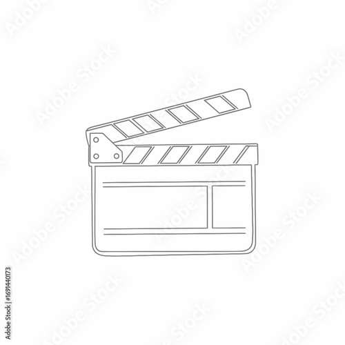 Simple line drawing of a film clapperboard, open and ready for action, on a white background.