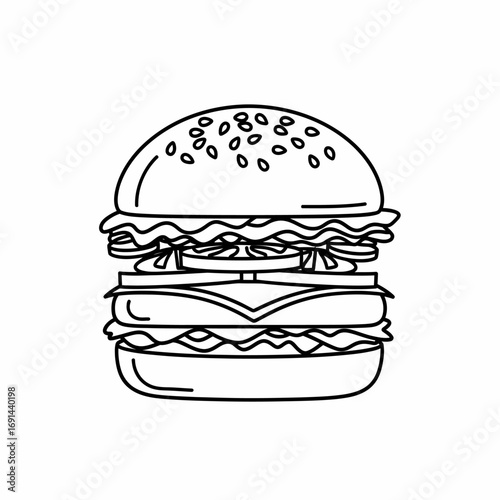 Simple black and white line drawing of a hamburger, showing bun, patty, cheese, lettuce, and tomato.