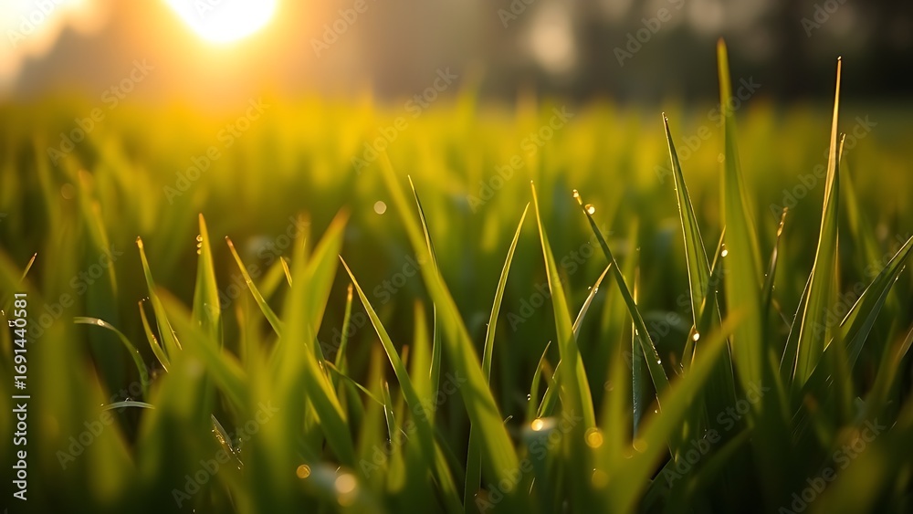 Fototapeta premium A tranquil sunrise over a lush green field, dewdrops glistening like tiny jewels in the morning light.