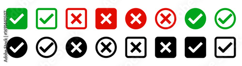 check mark icon button set. check box icon with right and wrong buttons and yes or no checkmark icons in green tick box and red cross. vector illustration