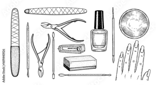 Collection of manicure tools and accessories – detailed hand-drawn black and white vintage sketch. Includes nail care instruments, polish, and hand illustration. Vector engraving illustration.